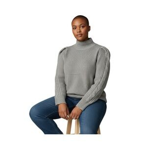 Industry Republic Women's L Gray Heather Mock Neck Cable Knit Puffed Sleeves‎